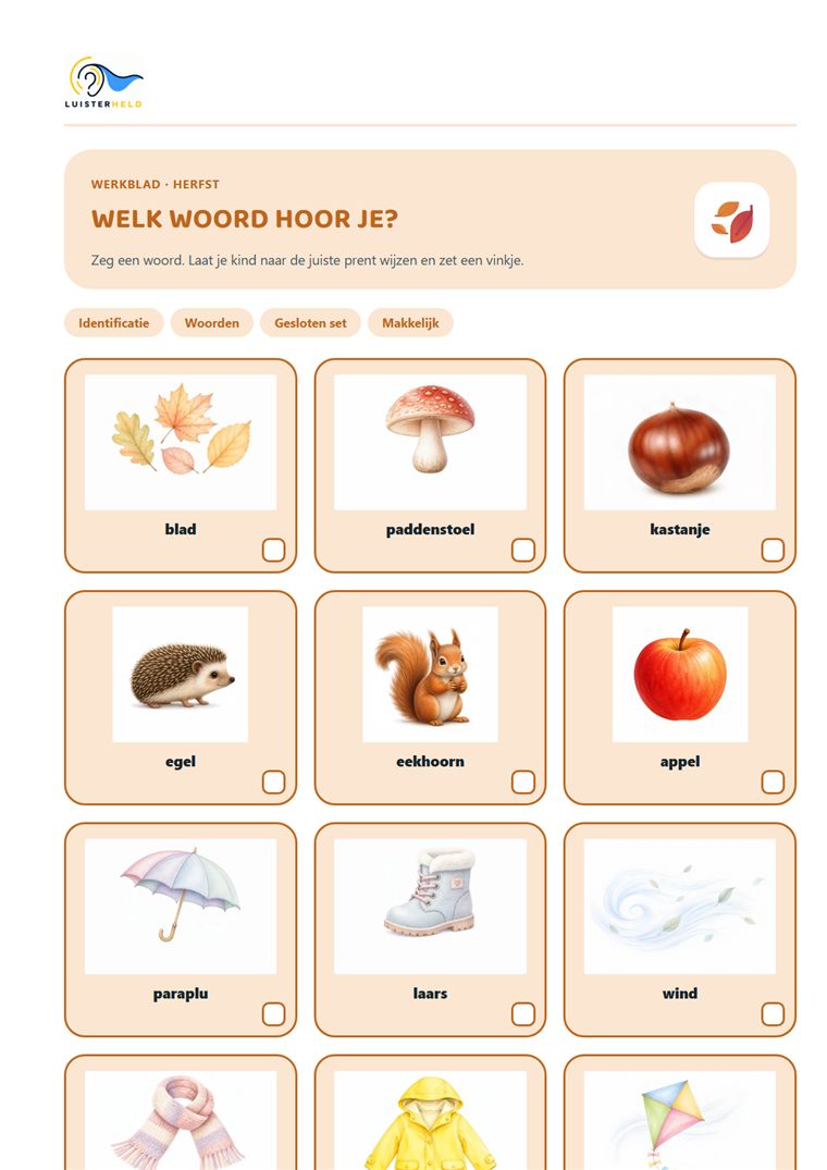 Een afdrukbaar werkblad 'Welk woord hoor je?' met prenten